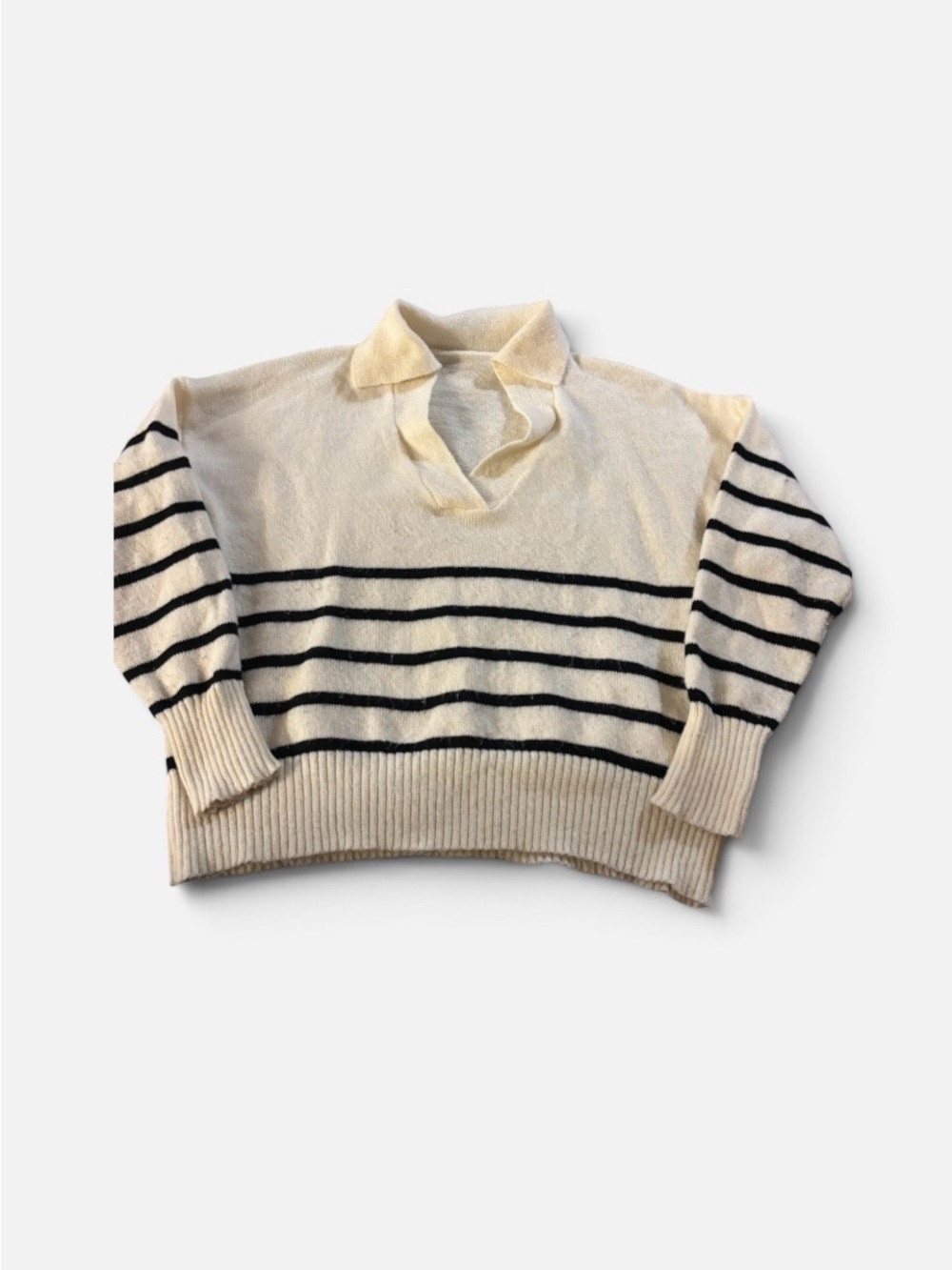 Medium Boutique Cream and Black Striped Collared Sweater